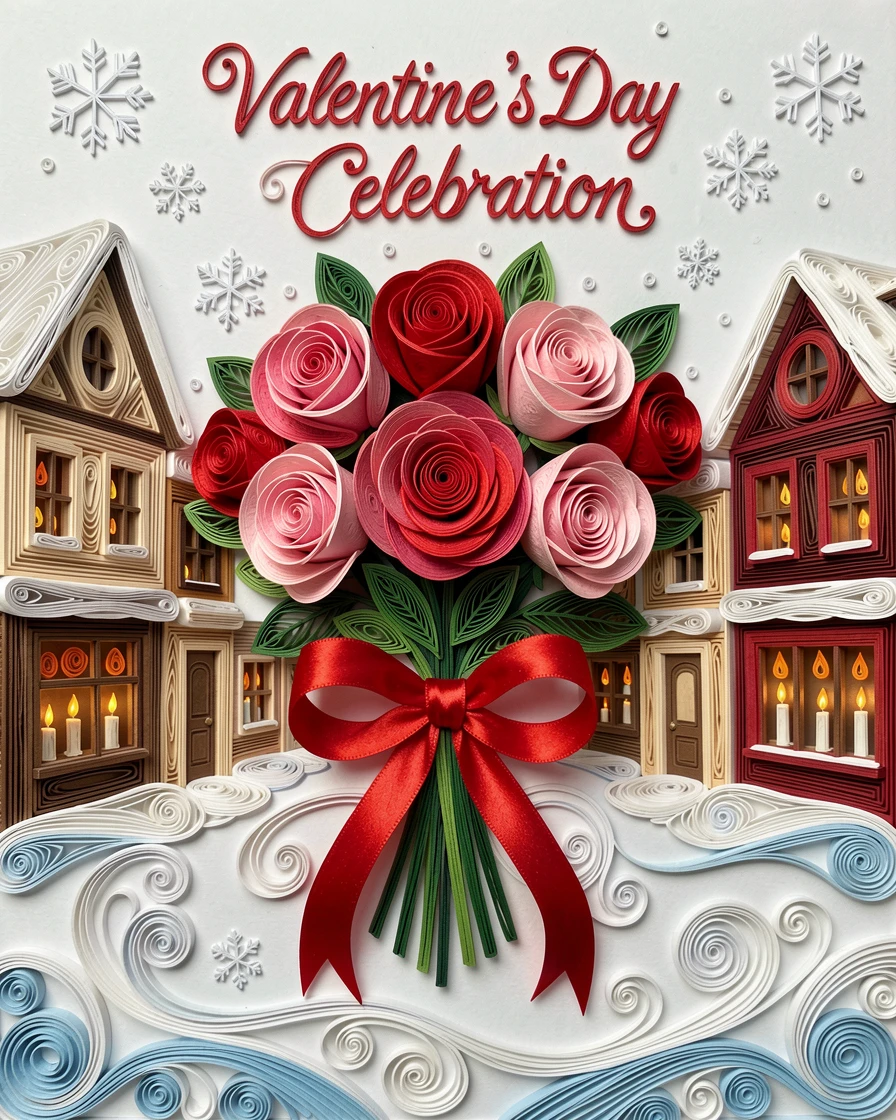 A festive holiday scene of a Valentine's Day bouquet of roses tied with a red ribbon in a snow-covered village square, with soft candlelight flickering throughout the scene, framed by softly falling snow.