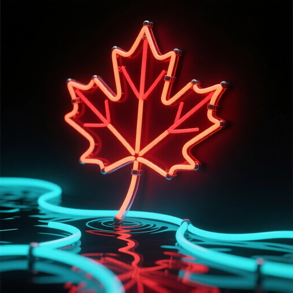 A single red maple leaf floating gently down a quiet stream.