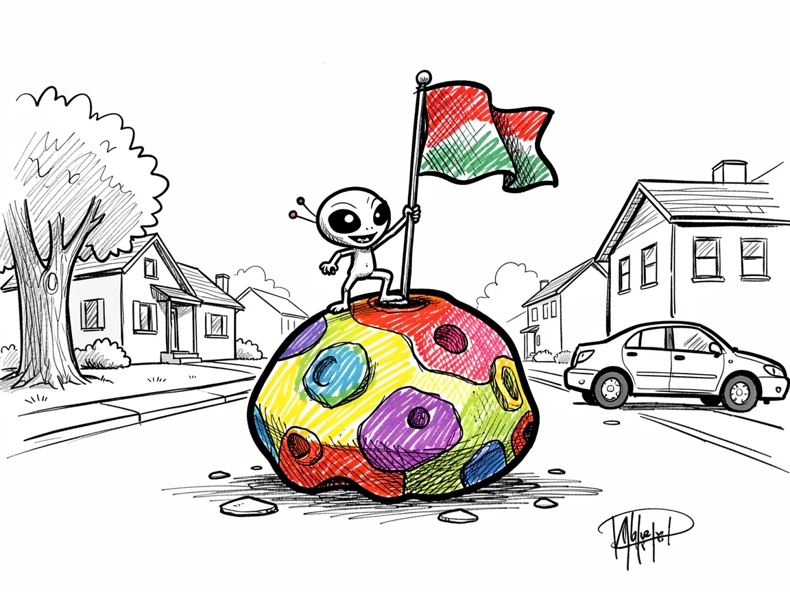 A tiny alien planting a flag on a colorful asteroid on a quiet suburban street.