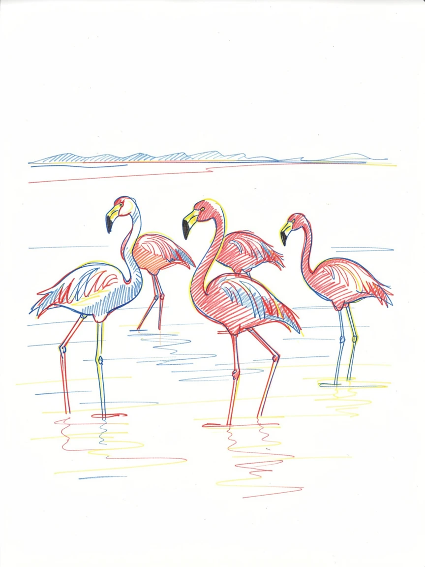 A group of flamingos wading through a shallow coastal lagoon