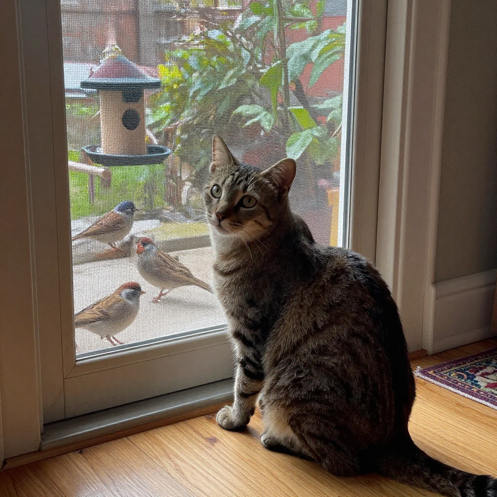 A cat watches birds intently through a screen door, tail flicking.