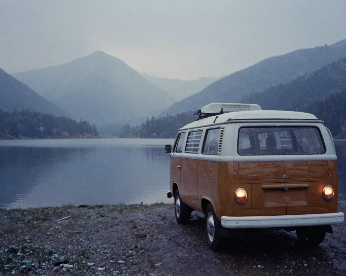 A vintage camper van parked beside a quiet alpine lake, under flickering candlelight, amid gently falling snow, in the height of summer, in cool blues and silvery greys, from behind, looking toward the horizon.