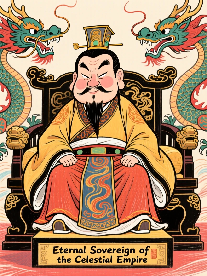 An ancient Chinese emperor seated on a dragon throne, silk robes pooling around him.