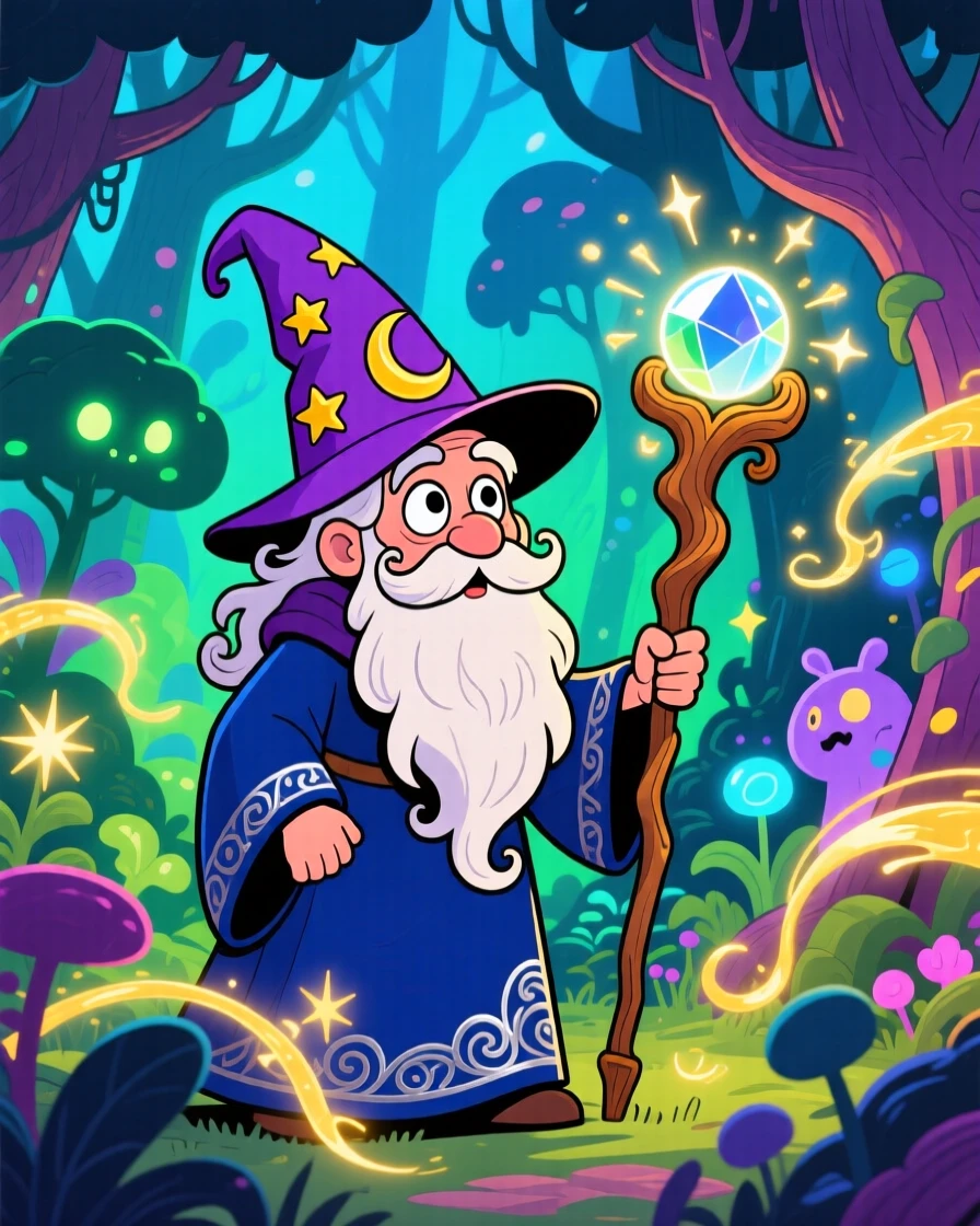 An imaginative fantasy scene of a wise old wizard exploring a glowing enchanted forest, as sparks of magic swirl through the air.