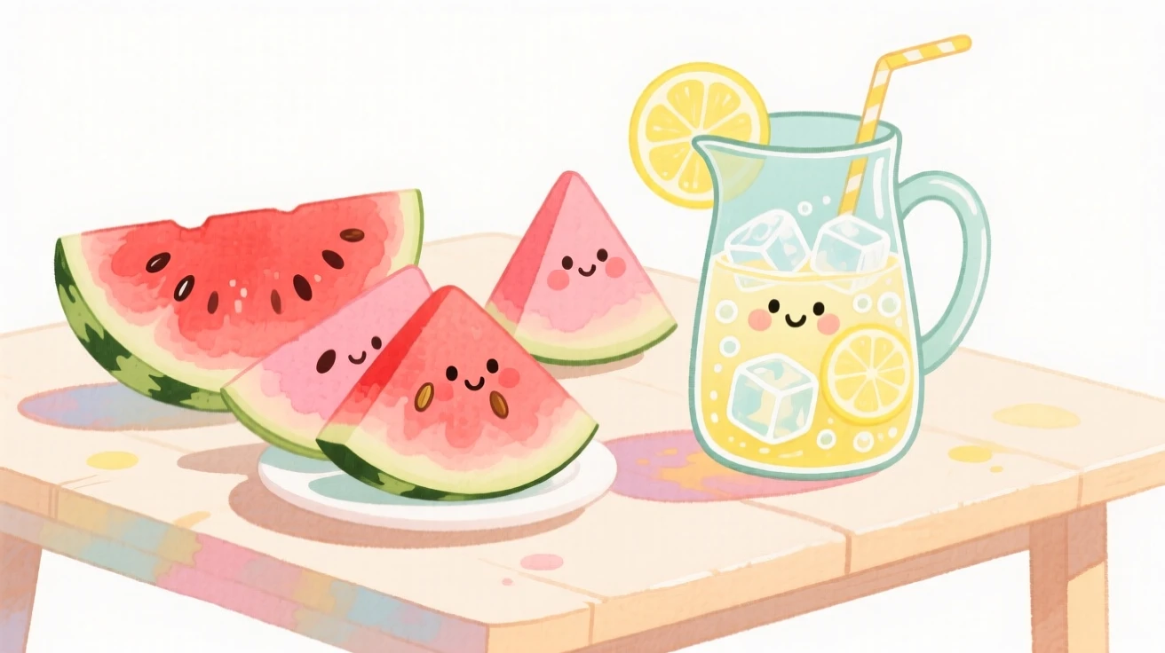 A cozy, appetizing, warm and inviting scene of a summer table of watermelon slices and iced lemonade