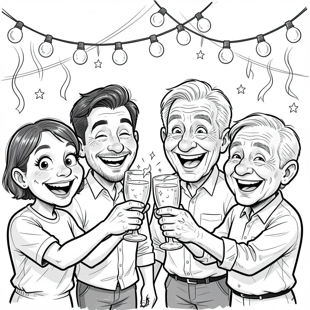 [Seasonal Holidays & Celebrations] Festive scene of a sparkling family toasting under a canopy of string lights, full of celebration and joy