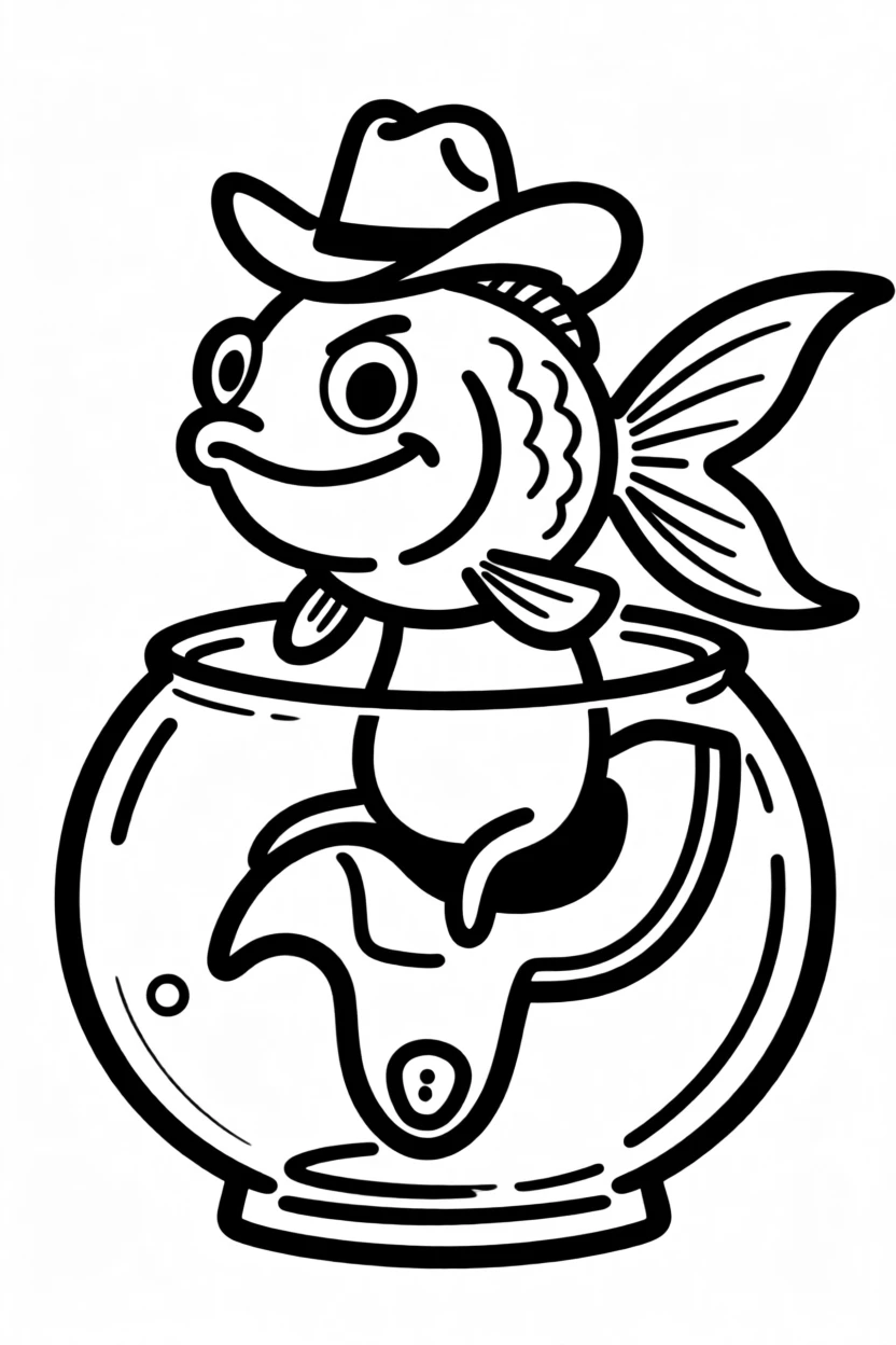 A goldfish in a bowl wearing a tiny cowboy hat, sitting proudly on a saddle-shaped cushion.