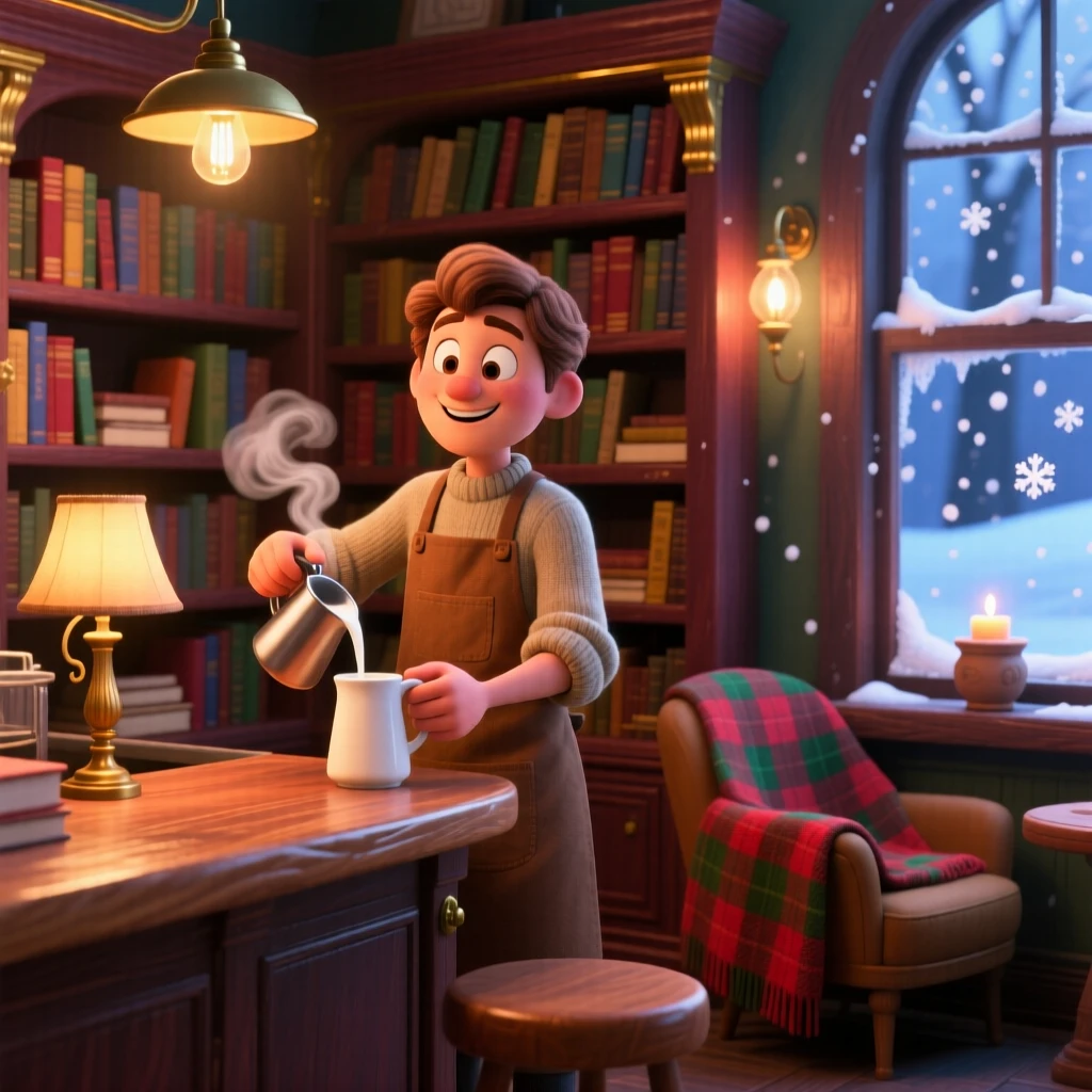 A barista steaming milk behind a counter sits in a small bookshop filled with warm lamplight, watching snowflakes drift past the window. A gentle nostalgia and calm settle over the scene, with a plaid blanket draped over a chair.