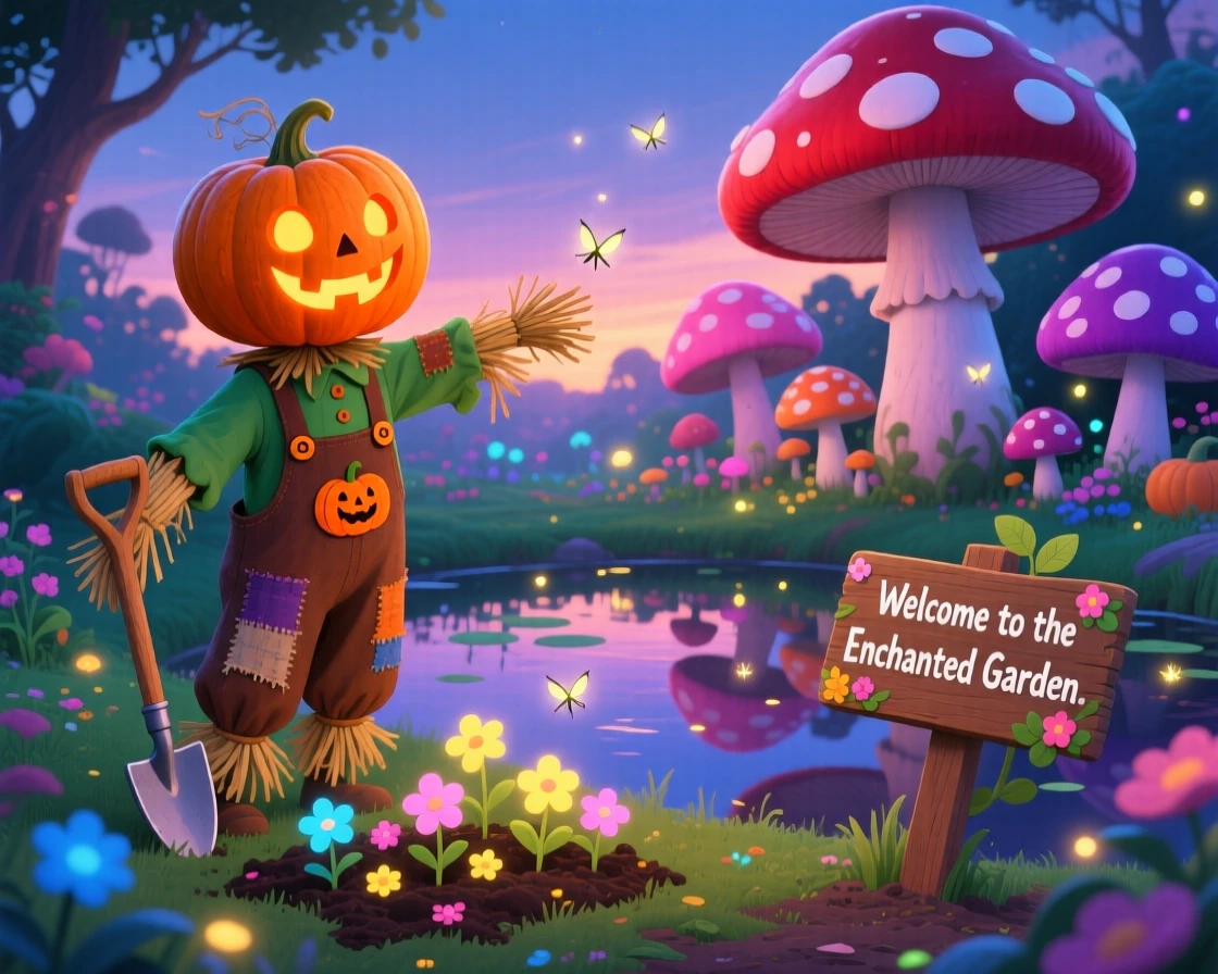 A pumpkin-headed scarecrow guardian pauses from planting a garden of glowing flowers to marvel at a garden of giant mushrooms, as reflections shimmer on the still water.