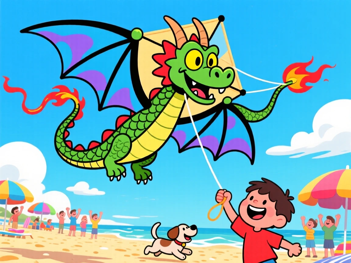 A kite shaped like a dragon soaring high above a beach.