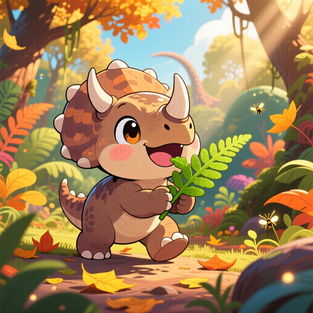 A baby triceratops munching on a fern leaf happily in a lush prehistoric jungle during golden autumn harvest season; bright midday sun washes over the scene as delighted joy fills the moment. Dynamic diagonal composition.