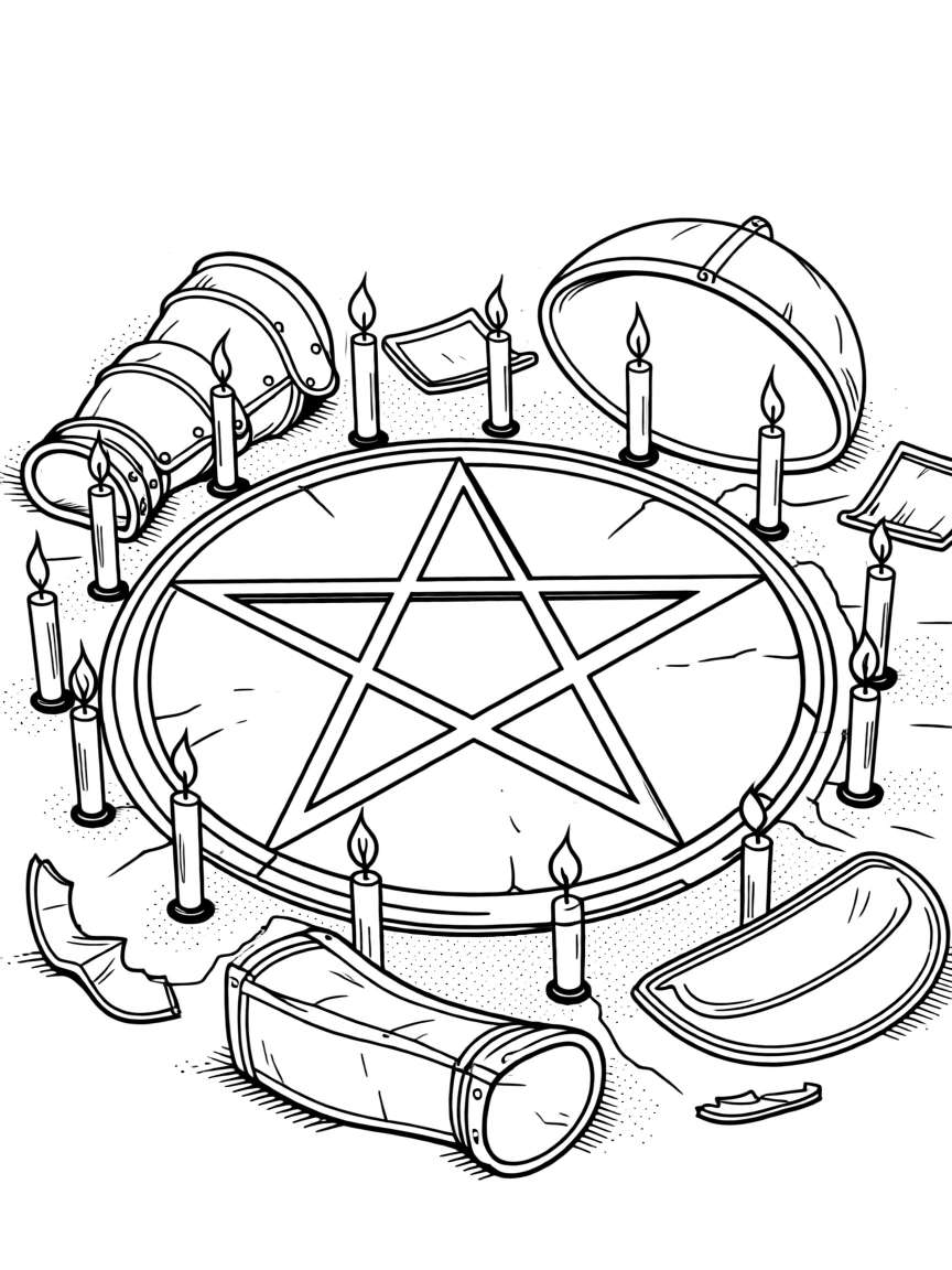 A pentagram drawn in chalk surrounded by lit candles, with shards of broken armor scattered nearby.