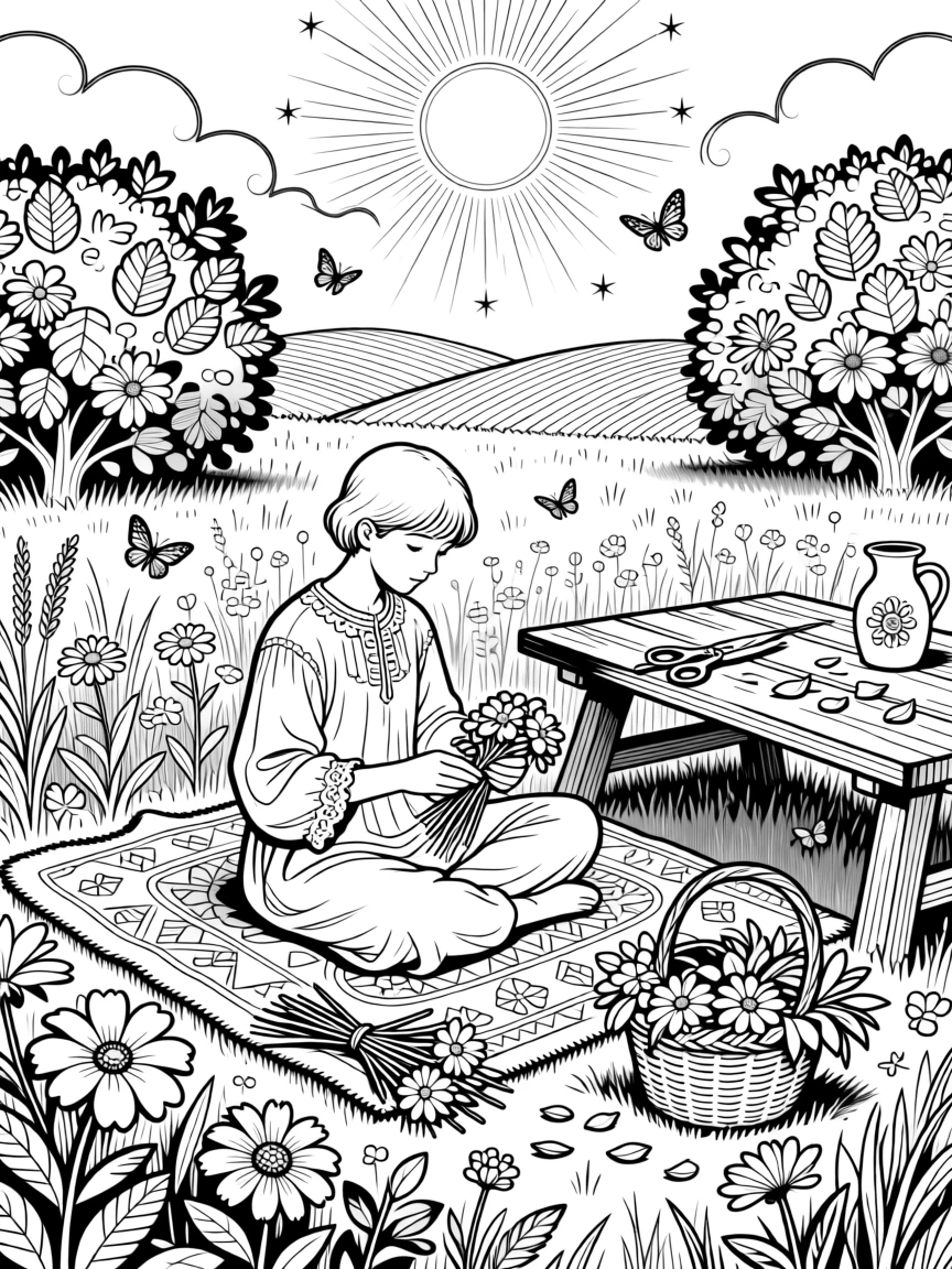 A midsummer flower crown-making scene in a meadow.