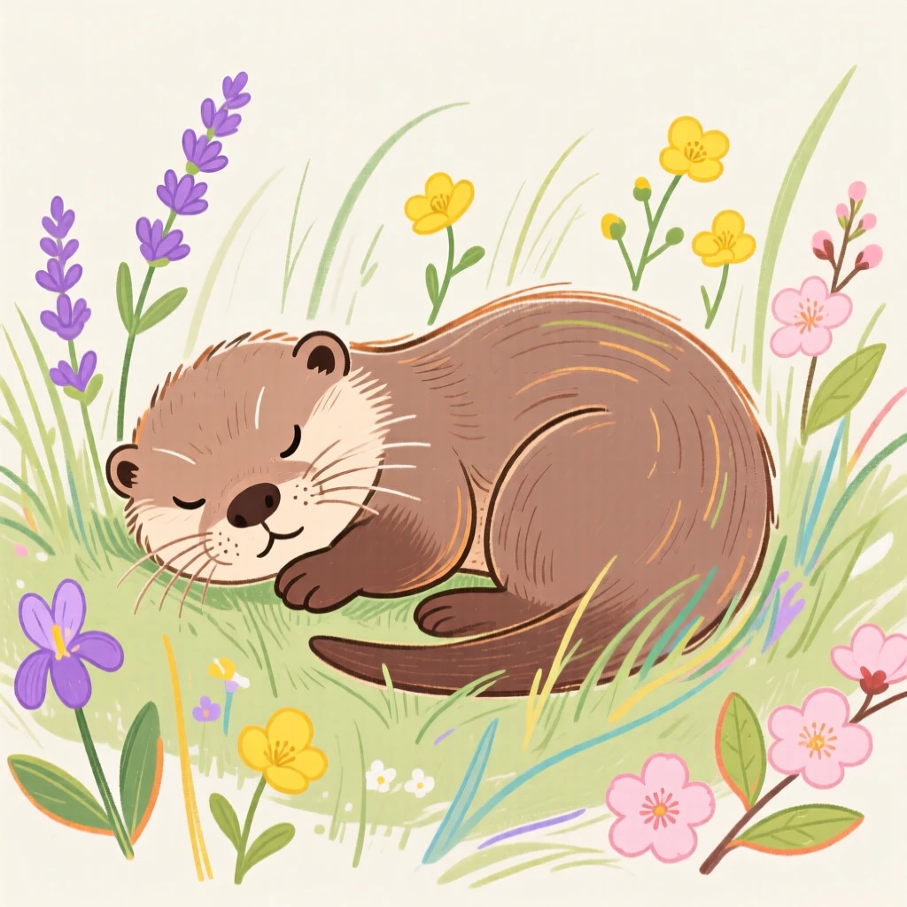 A baby otter curled up together near a wildflower field in early spring.