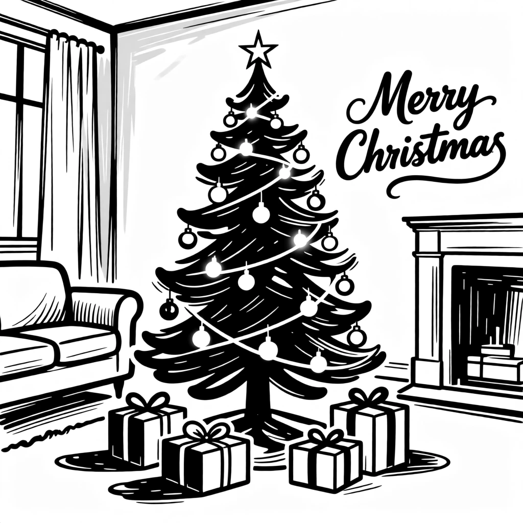 A cozy living room decorated for Christmas with a glowing tree and wrapped presents.