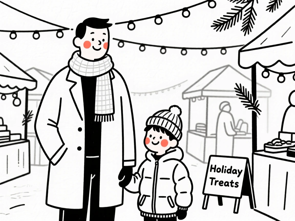 A father and son, beaming with pride, at a bustling holiday market.