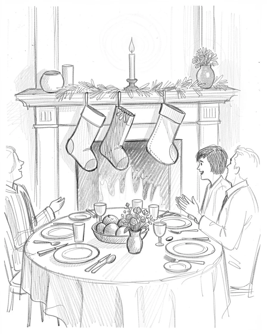 A joyful holiday moment: a fireplace stocking display with soft candlelight in a beautifully set dining room, with an atmosphere of celebration and togetherness.