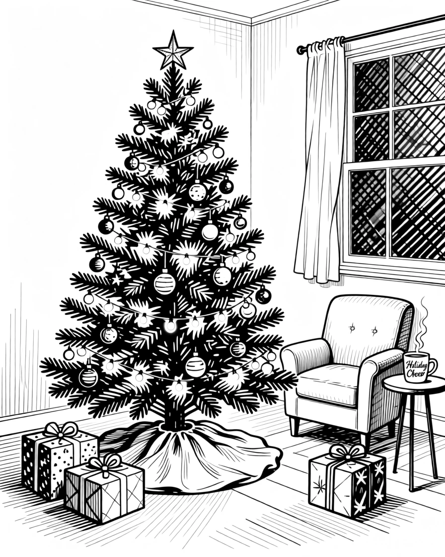 A beautifully decorated Christmas tree glowing with warm lights in a cozy living room.