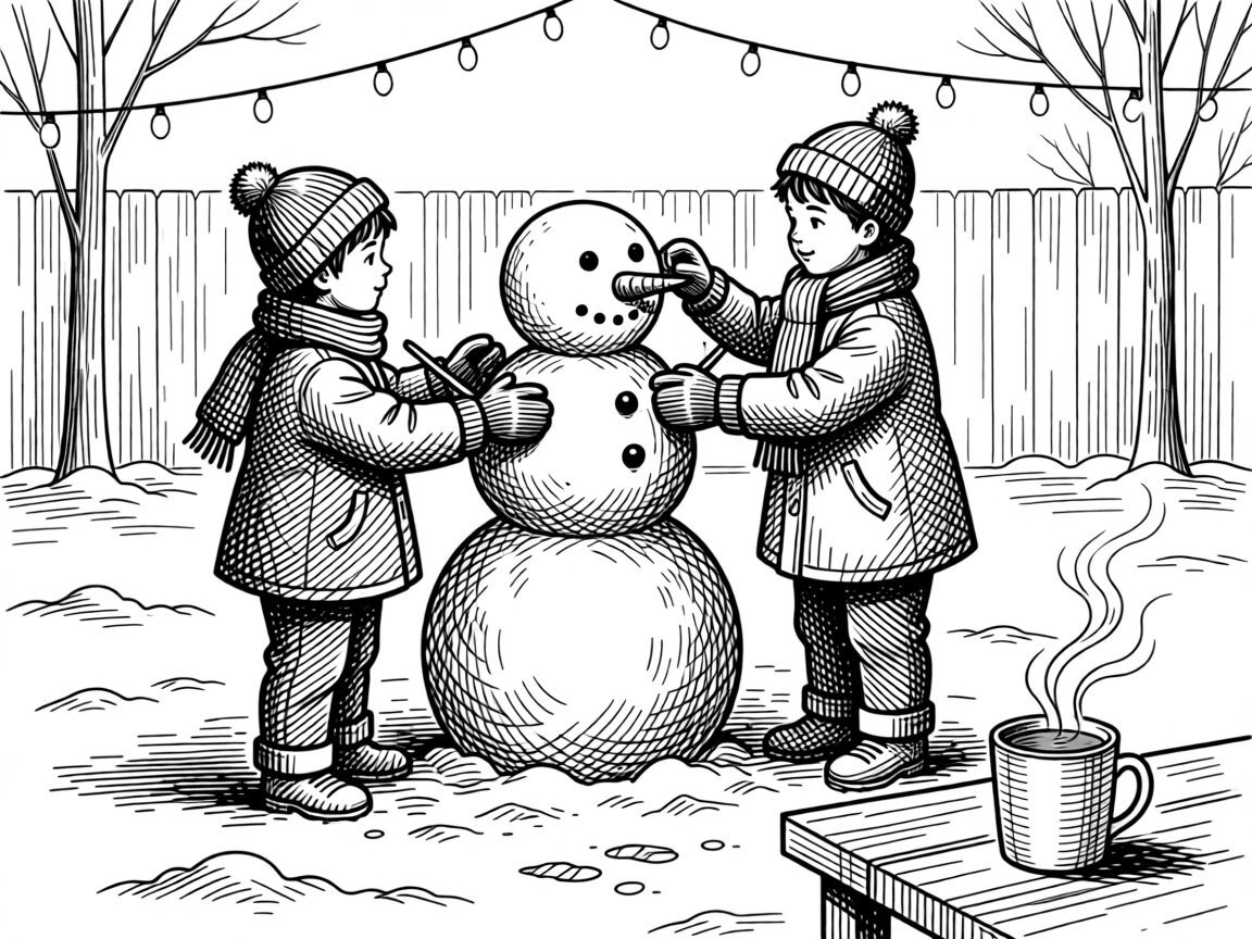 Children building a snowman in a quiet yard beneath strings of warm glowing lights, with a steaming mug of cocoa resting nearby, capturing a cozy and heartwarming seasonal moment.