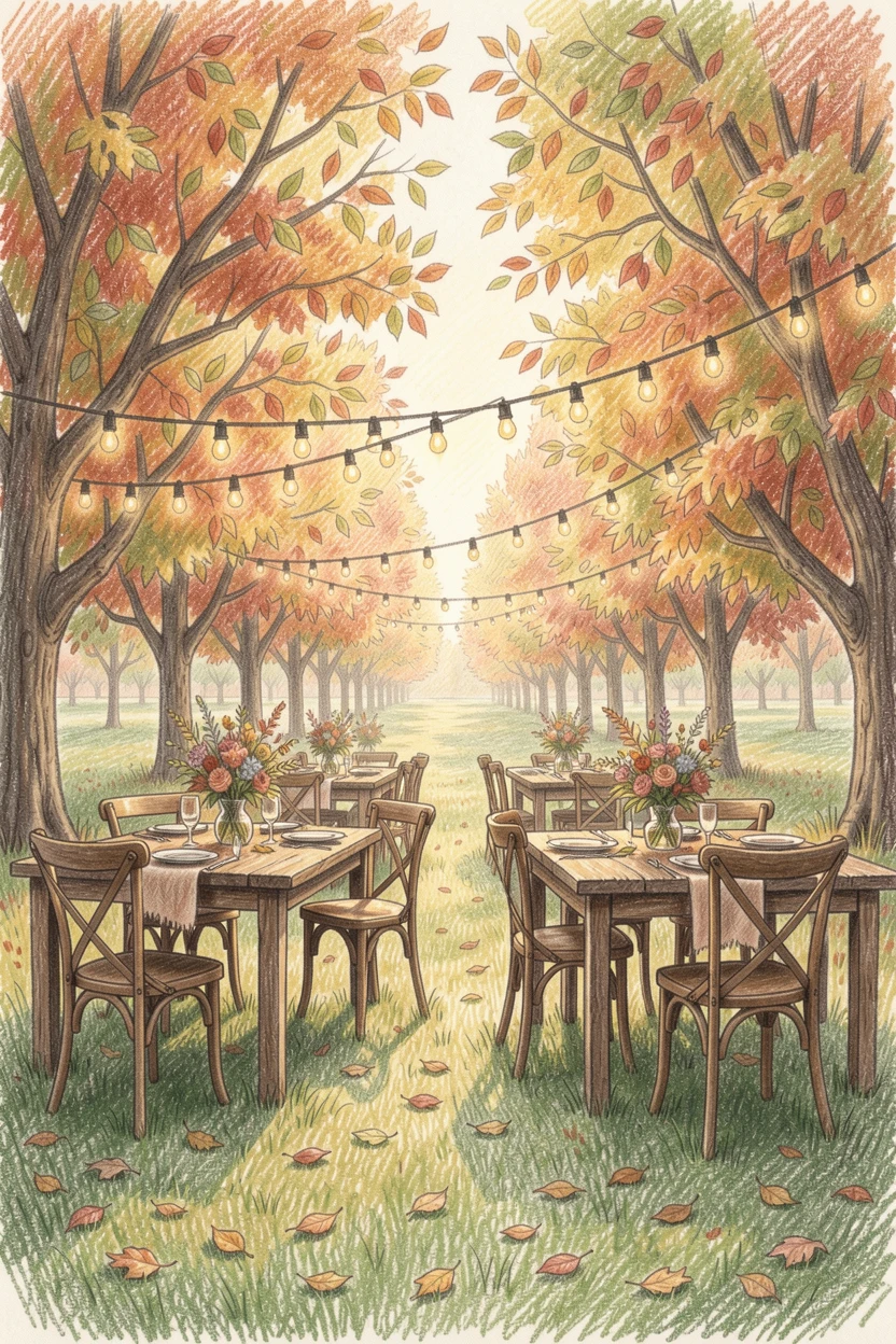 A countryside orchard set up for an autumn wedding celebration, captured in a quiet, intimate moment full of atmosphere, perfect for anyone drawn to gentle, heartfelt imagery.