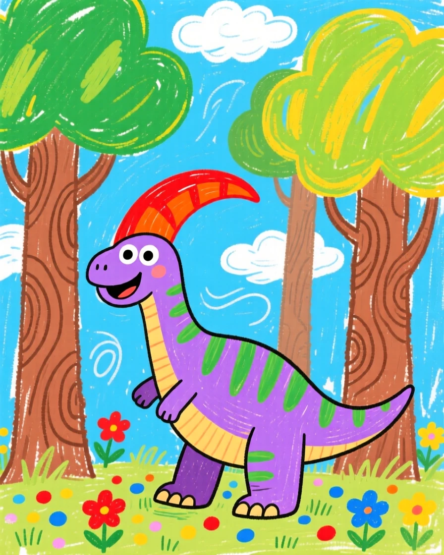 A colorful parasaurolophus with a curved crest under a canopy of ancient towering trees.