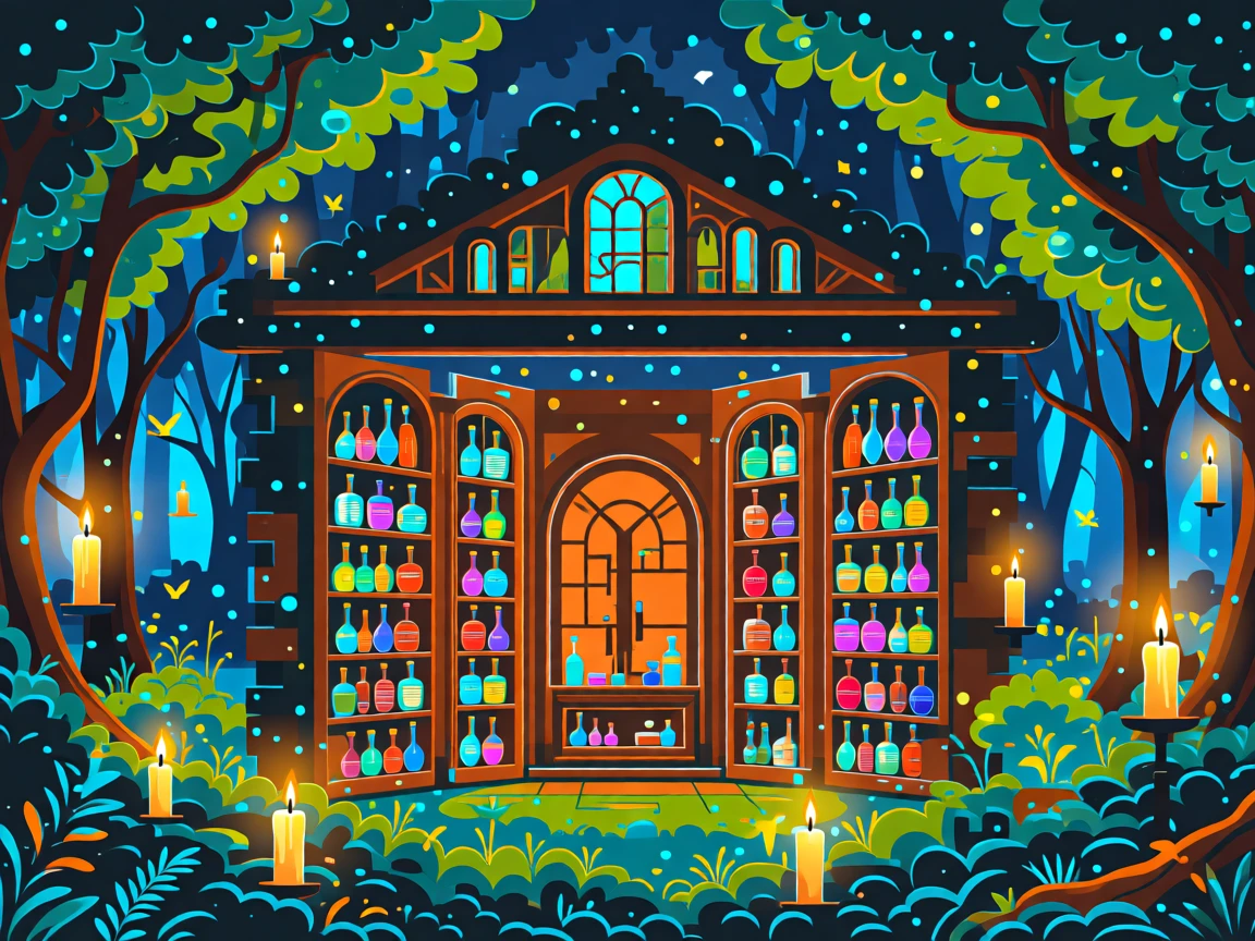 A wizard's study filled with glowing potions and floating candles, surrounded by an enchanted forest alive with soft light, composed with layered depth creating a vast fantastical world, with subtle magical particles drifting through the air.