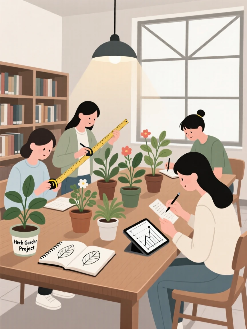 A group of students measuring plants they grew in a library reading room.