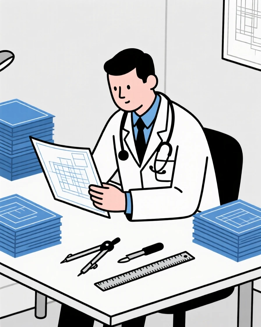A focused doctor in a clinic working at a well-equipped workshop, surrounded by stacks of blueprints, expressing focused determination.