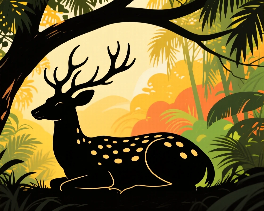 A single spotted deer resting beneath the dappled shade of a jungle tree.