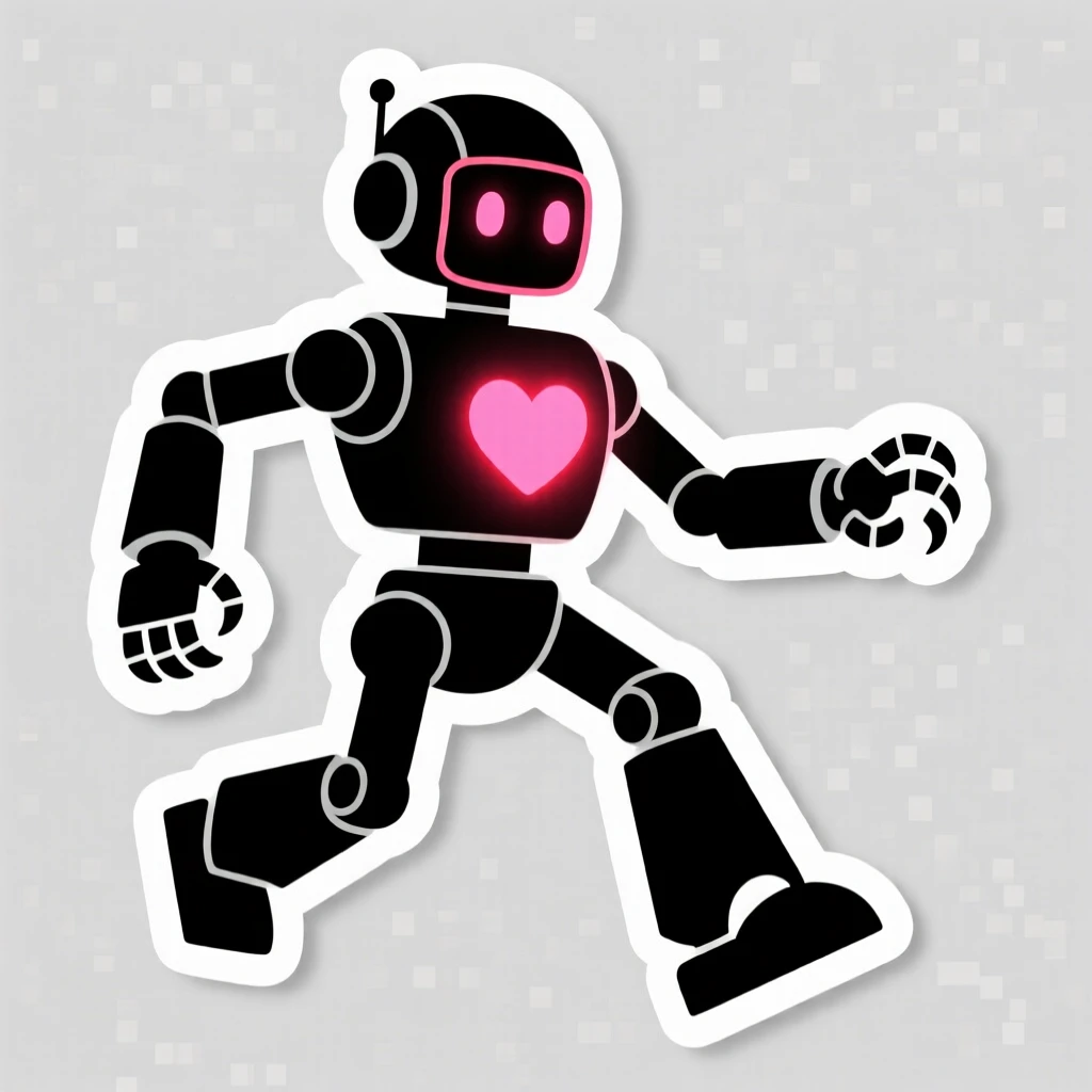 A dynamically posed robot companion with a heart-shaped chest light, ready for the next big adventure, during a thrilling made-up quest.