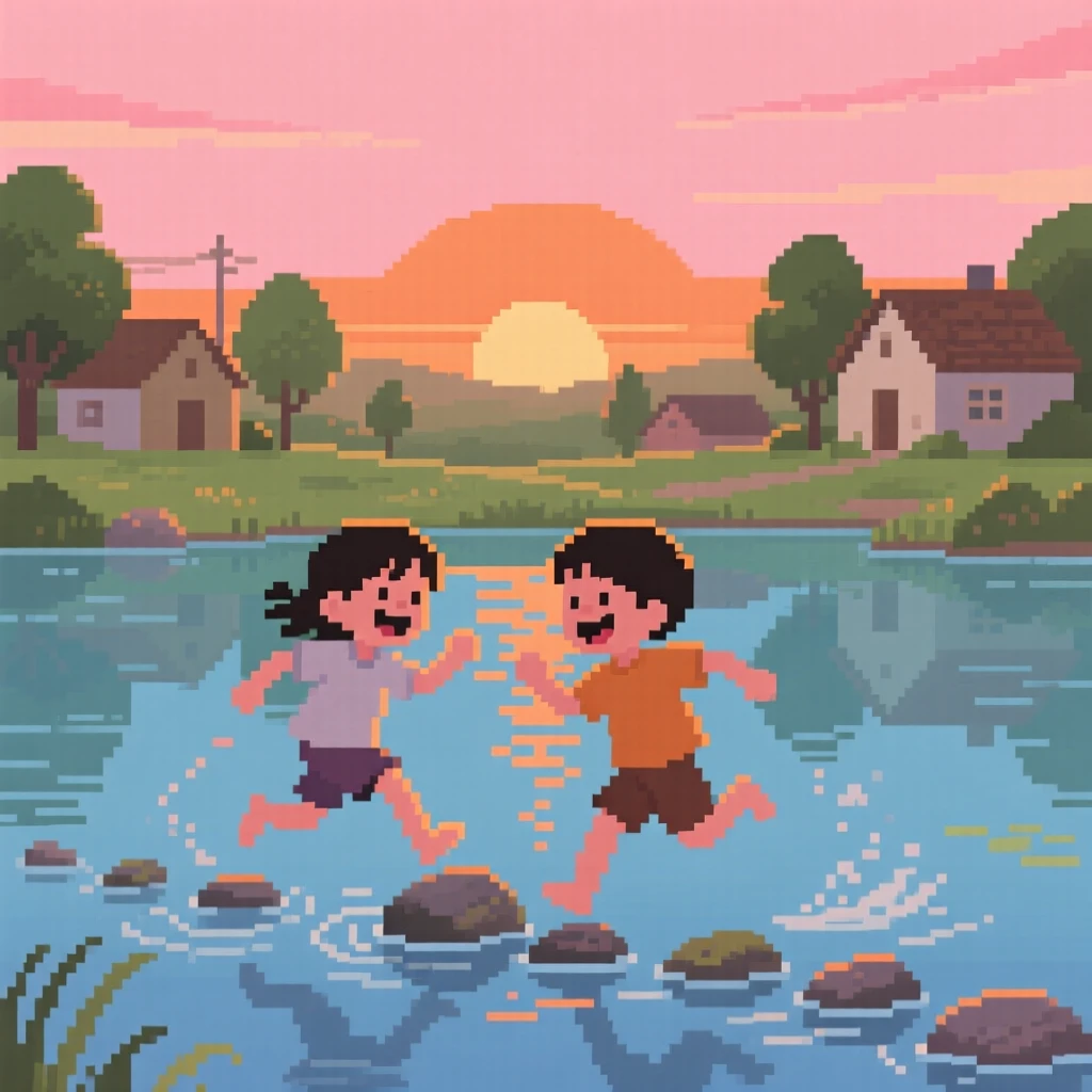 Kids skipping stones across a calm lake laughing together on a warm summer evening, in a small countryside town at sunset.