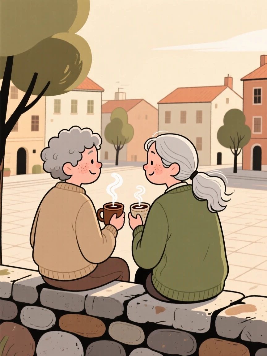Two old friends sit on a low stone wall overlooking the town square below, sharing mugs of hot cocoa and easy laughter as a gentle breeze stirs the trees.