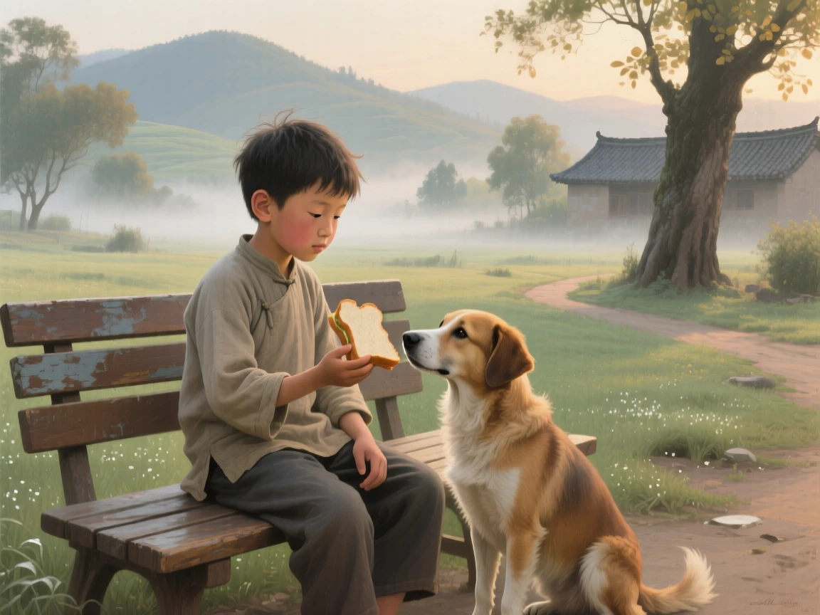 A centered composition of a young boy sharing his sandwich with a loyal dog on a park bench, in early morning light, in rural China.