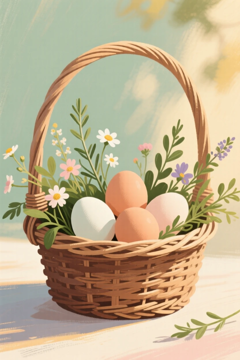 A wicker basket filled with fresh eggs, herbs, and wildflowers