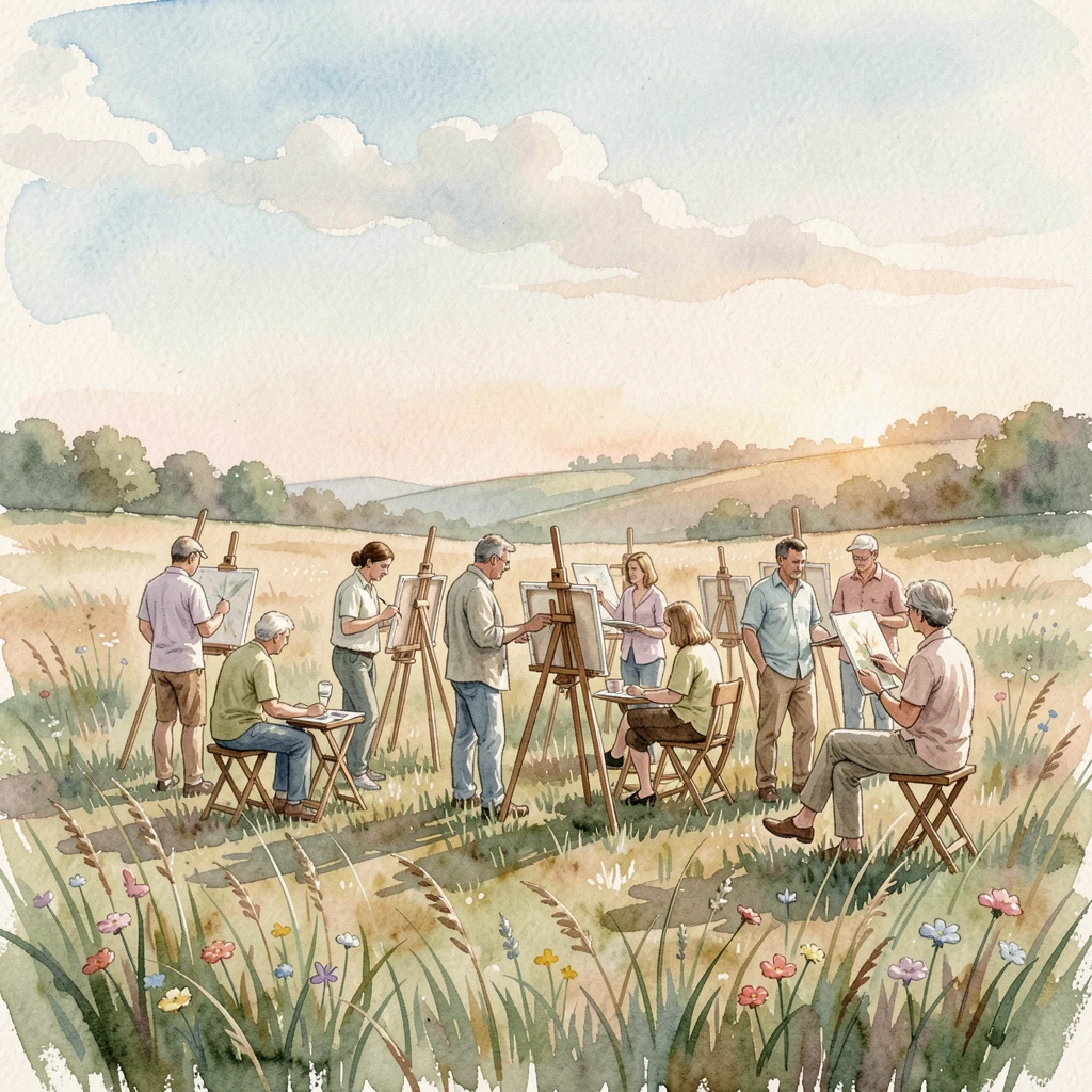 A group of artists with easels set up in a scenic field.