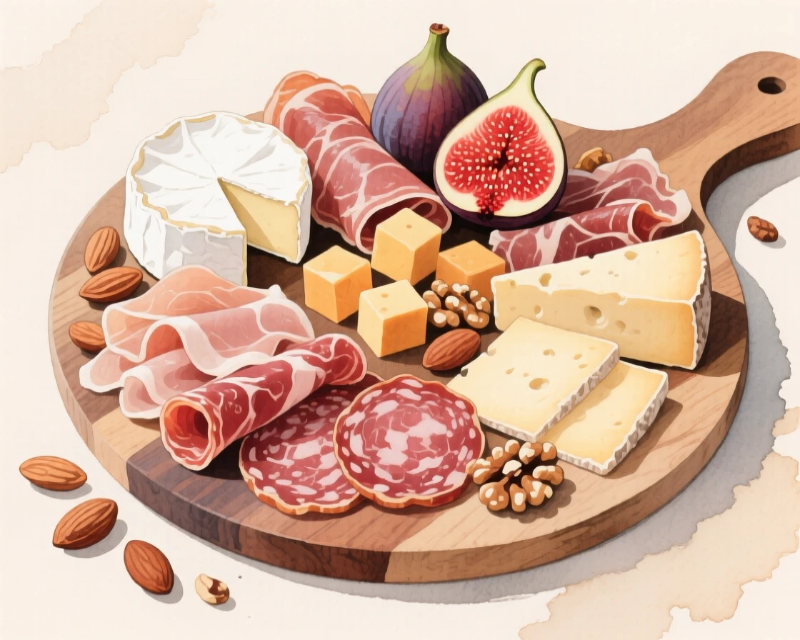 A charcuterie board loaded with cured meats, cheeses, figs, and nuts arranged artfully on a rustic wooden platter