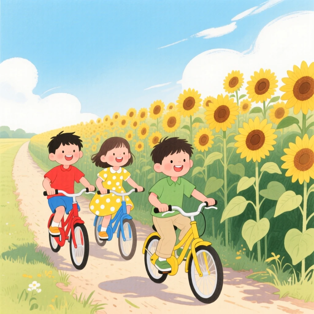 A charming scene of children riding bicycles past a field of sunflowers.