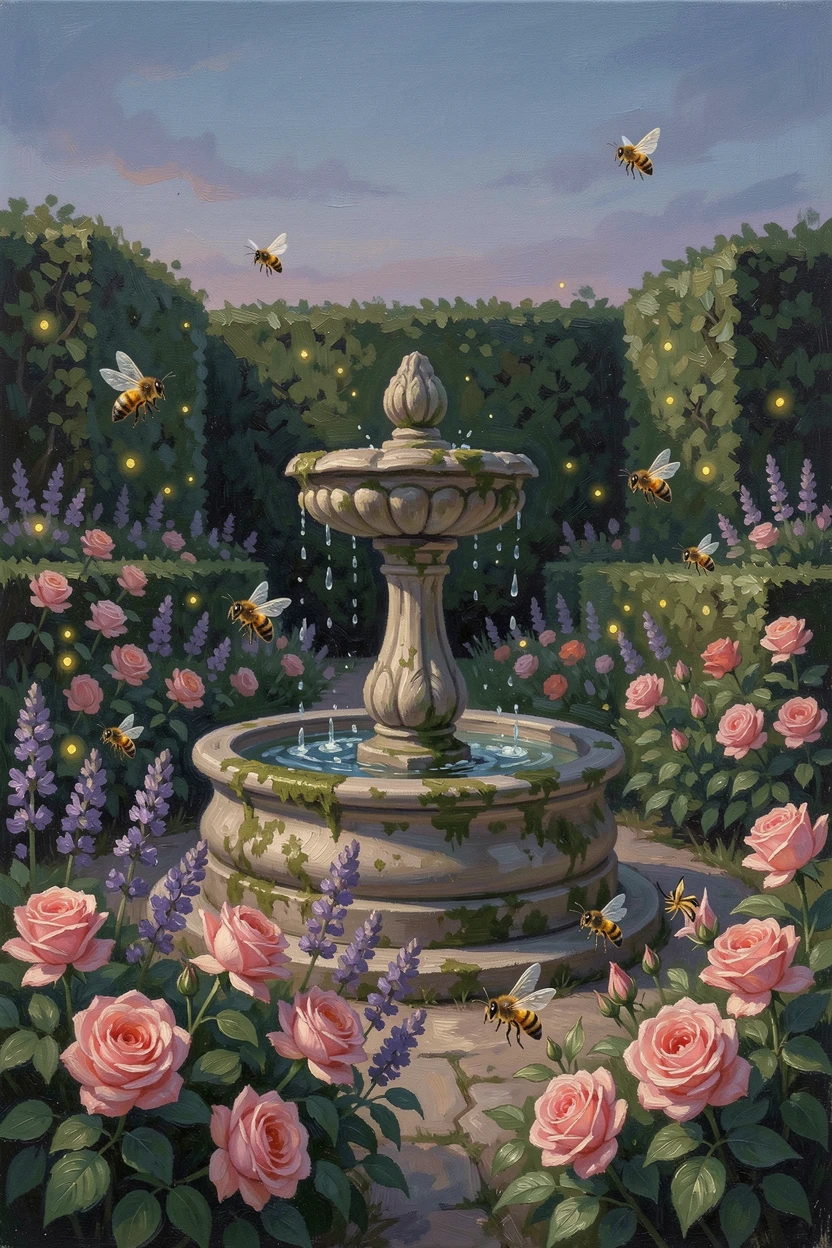 A courtyard garden with a stone fountain, bees drifting lazily from bloom to bloom, surrounded by a low boxwood hedge maze, at dusk, fireflies beginning to flicker among the blossoms.