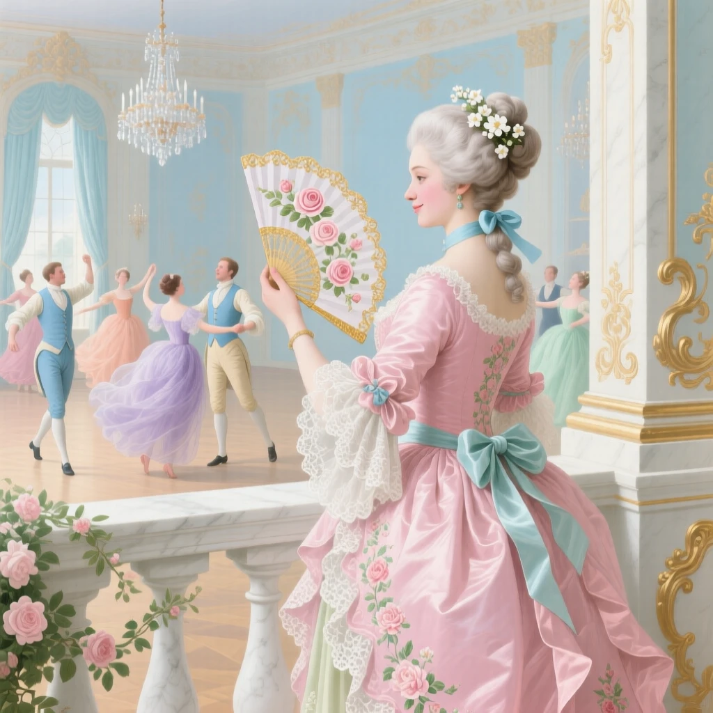 A lady holding a fan while watching dancers from a ballroom balcony  