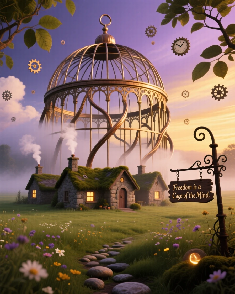 A giant birdcage resting empty in the middle of a quiet meadow towers silently over a scattering of small stone cottages, as clouds drift slowly through gaps in its structure.