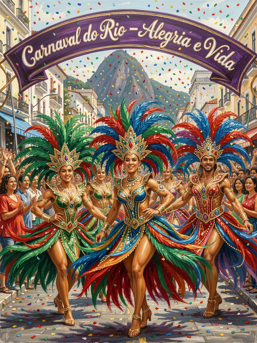 A vibrant Carnival parade fills the streets of Rio de Janeiro, dancers in elaborate feathered costumes moving to pulsing samba rhythms beneath confetti-filled air, small traditional details in costume and decoration rewarding a closer look.