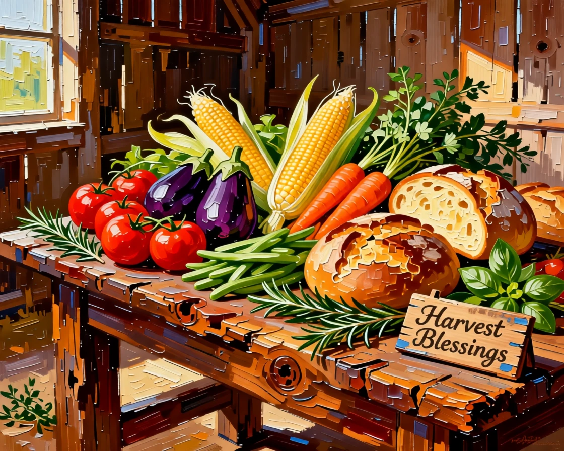 A rustic farmhouse table piled high with a harvest feast of vegetables and fresh bread