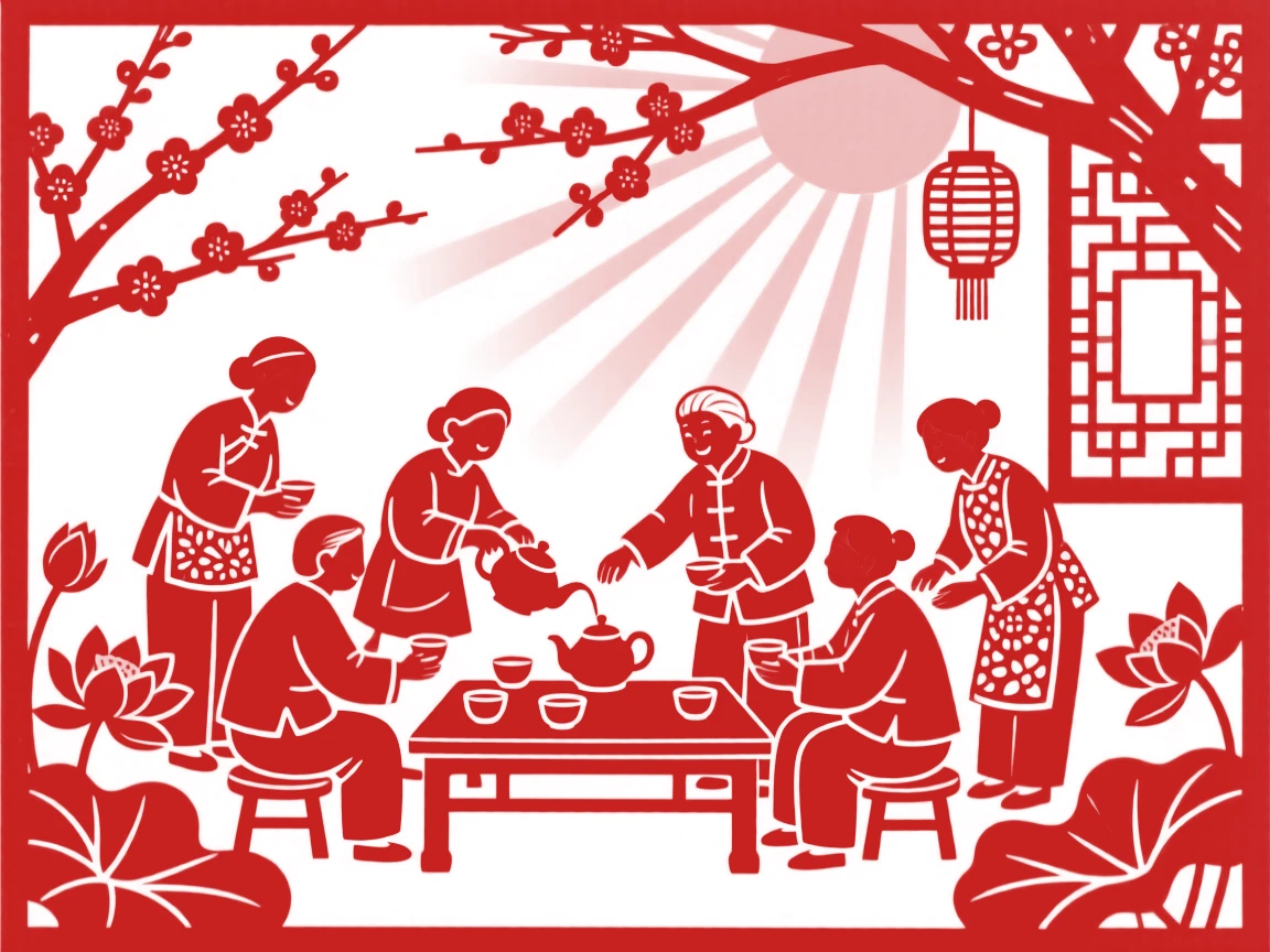 A group of neighbors, preparing tea in a sunlit courtyard, in a scene of quiet contentment and simple joy.