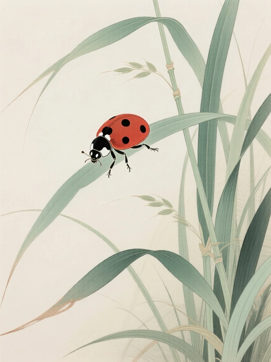 A ladybird beetle among tall grasses swaying in the breeze