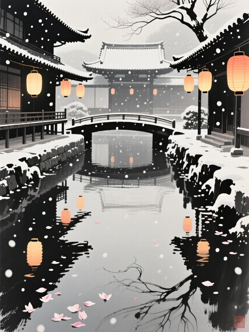 A lantern festival reflected in a still canal within a quiet temple courtyard, framed through drifting petals or falling snow for depth, conveying cozy stillness and seasonal wonder.