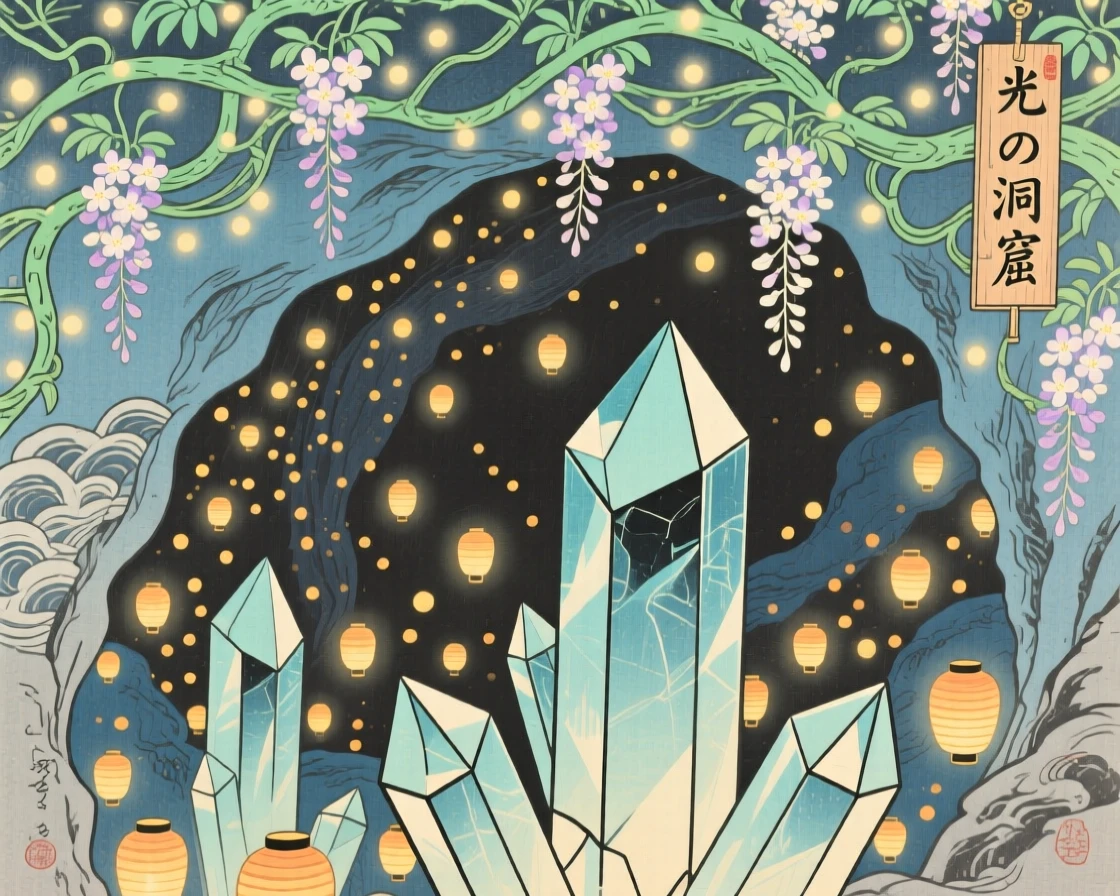 A crystal cave lit by thousands of tiny lights, beneath a canopy of luminous vines.
