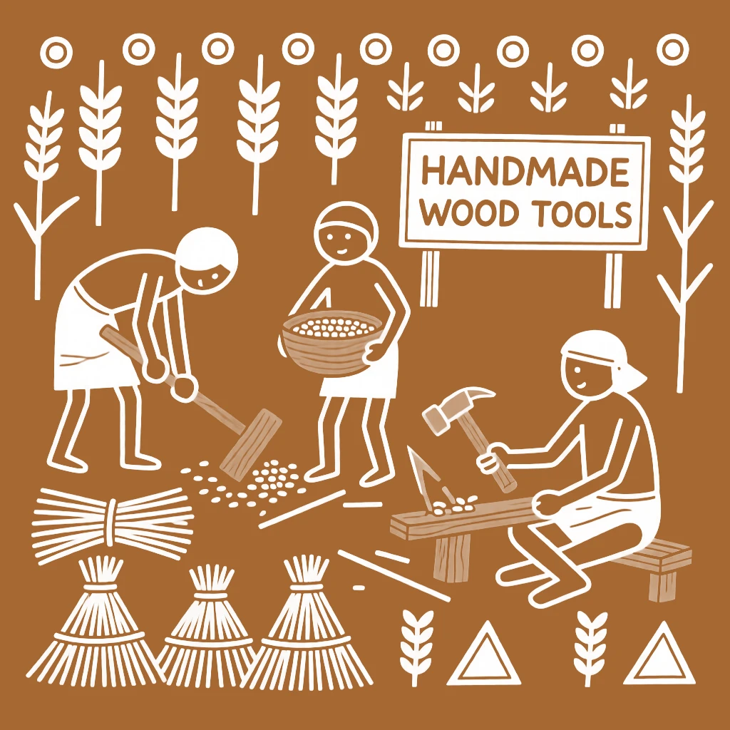 A family threshing wheat by hand carving a wooden tool by hand.