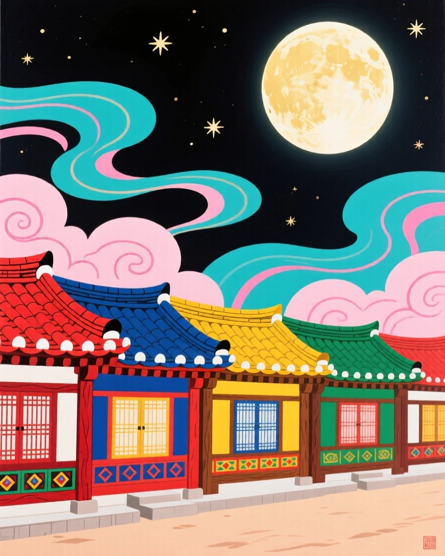 A row of traditional houses, beneath drifting clouds lit by moonlight.