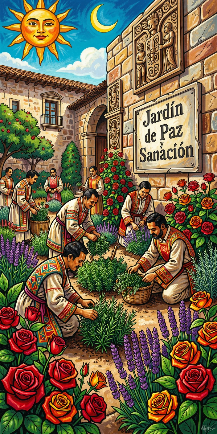 A quiet monastery garden with fragrant herbs and roses