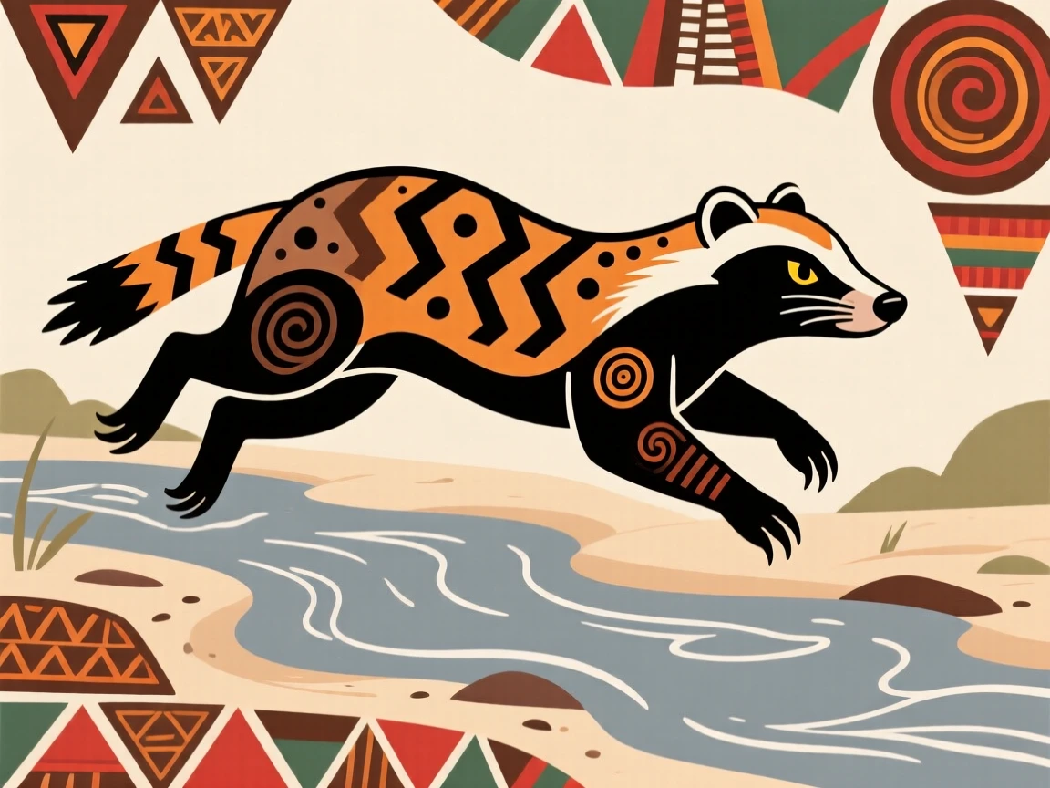 A honey badger leaping across a stream.